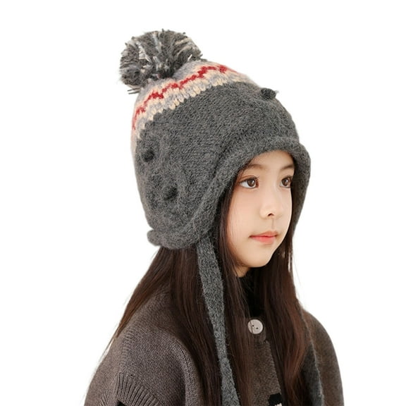Cethrio Girls Knit Hats with Ear Flaps, Soft Winter Warm Windproof Beanies for Girl Gray Size 4-10T