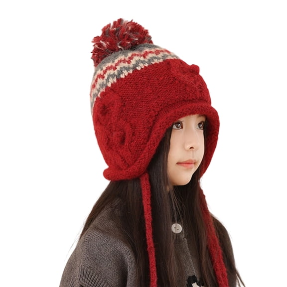 Cethrio Girls Knit Hats with Ear Flaps, Windproof Soft Winter Warm Beanies for Girl Red Size 4-10T