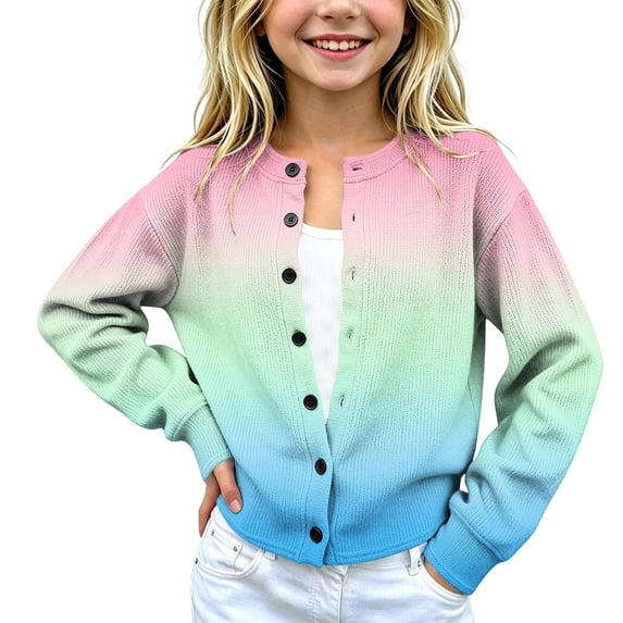 Cethrio Girls Knitted Cardigans, Button Front Gradient Color Fall Winter Long Sleeve Fall Winter Sweater Size 9-10 Years Pink