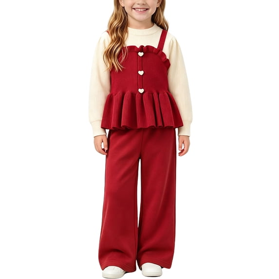 Cethrio Girls Knitted Outfit Sets, 2 Piece Fashion Long Sleeve Fall Girls' Clothing Sets Wine Size 5-6 T