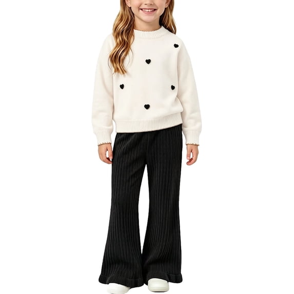 Cethrio Girls Knitted Outfit Sets, Crewneck Long Sleeve 2 Piece Fall Girls' Clothing Sets White Size 7-8T