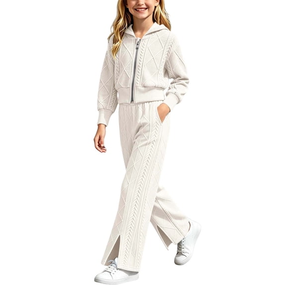 Cethrio Girls Knitted Outfit Sets, Fall 2 PC Casual Long Sleeve Girls' Clothing Sets Beige Size 7-8 T