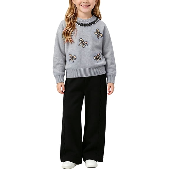 Cethrio Girls Knitted Outfit Sets, Fall Long Sleeve 2 Piece Pullover Girls' Clothing Sets Gray Size 3-4 T