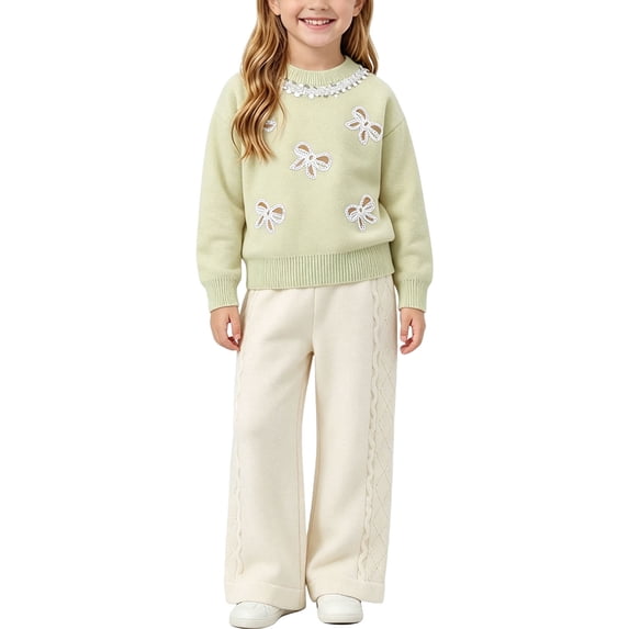Cethrio Girls Knitted Outfit Sets, Fall Long Sleeve 2 Piece Pullover Girls' Clothing Sets Green Size 5-6 T