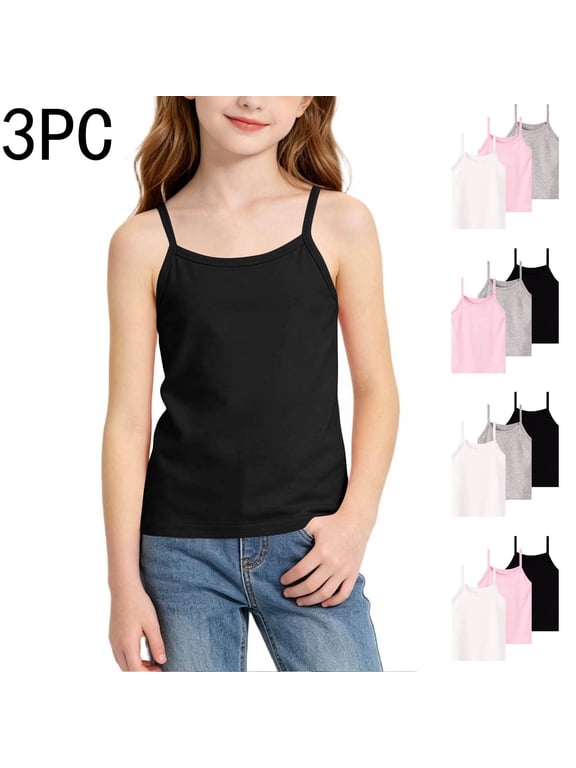 Girls Knitted Tank Tops Size 10-12, Sleeveless 3 Piece Summer Stretch Kids Undershirts Pink