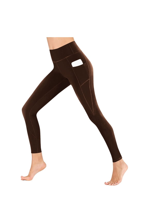 Girls Leggings, High-waisted Stretchy Athletic Casual Yoga Pants with Pockets Brown Size 10-12