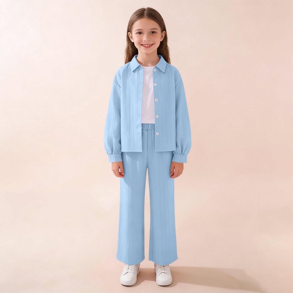 Cethrio Girls Long Sleeve Outfit Sets, 2 PC Casual Lapel Collar Shirts and Pants Sets Sky Blue Size 10-12