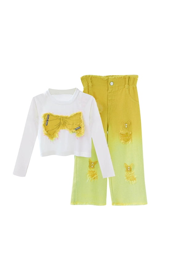 Girls Long Sleeve Outfit Sets, 2 PC Crew Neck Spring Tops and Jeans Sets Yellow Size 6
