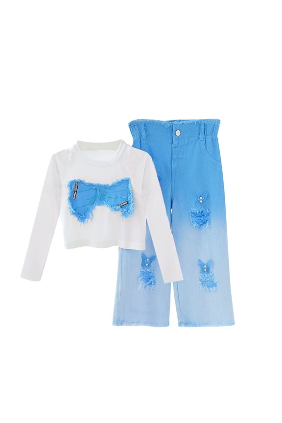 Girls Long Sleeve Outfit Sets, 2 PC Spring Crew Neck Tops and Jeans Sets Blue Size 9-10T