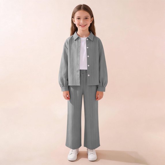 Cethrio Girls Long Sleeve Outfit Sets, Casual Lapel Collar 2 PC Shirts and Pants Sets Gray Size 7-8