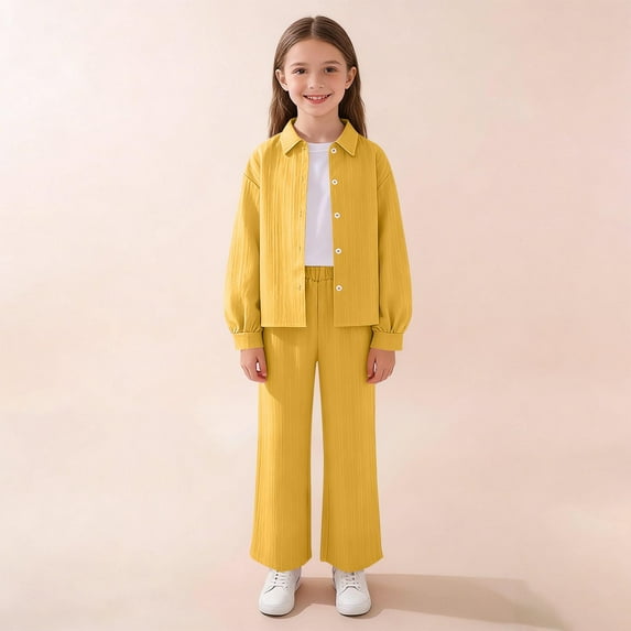 Cethrio Girls Long Sleeve Outfit Sets, Casual Lapel Collar 2 PC Shirts and Pants Sets Yellow Size 10-12