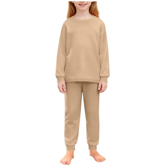 Cethrio Girls Long Sleeve Pajama Sets, Pullover Crew Neck 2 PC Girls' Sleepwear Loungewear Khaki Size 7-8
