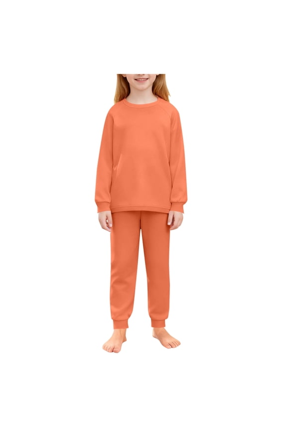 Girls Long Sleeve Pajama Sets, Pullover Crew Neck 2 PC Girls' Sleepwear Loungewear Orange Size 6