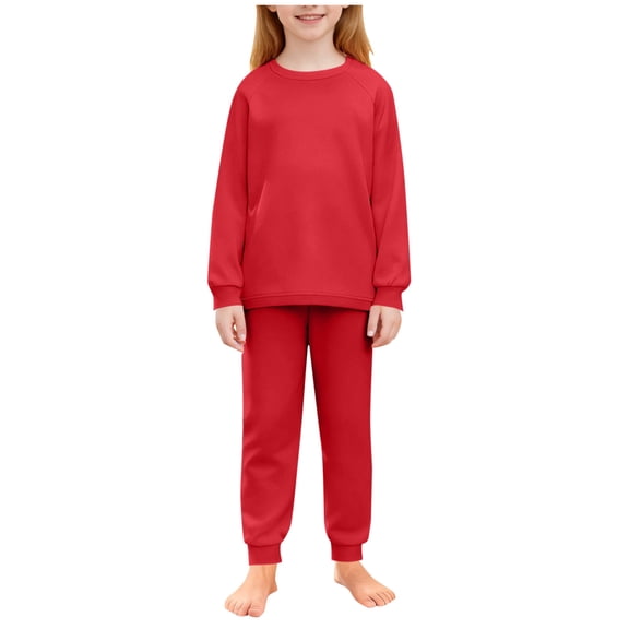 Cethrio Girls Long Sleeve Pajama Sets, Pullover Crew Neck 2 PC Girls' Sleepwear Loungewear Red Size 9-10 T