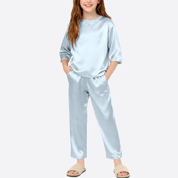 Cethrio Girls Long Sleeve Pajama Sets, Two Piece Pullover Soft Comfy Sleepwear Loungewear Light Blue Size 10-12