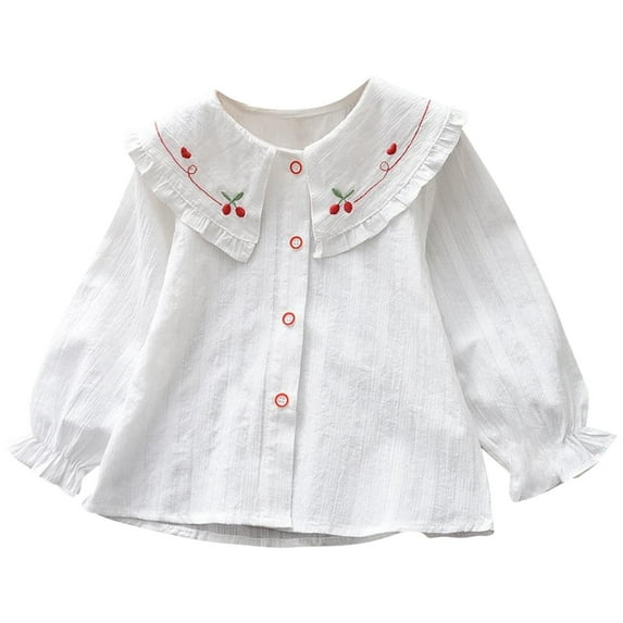 Cethrio Girls Long Sleeve Shirts, Cotton Lapel Embroidered Casual Button Down Shirts White Size 7-8