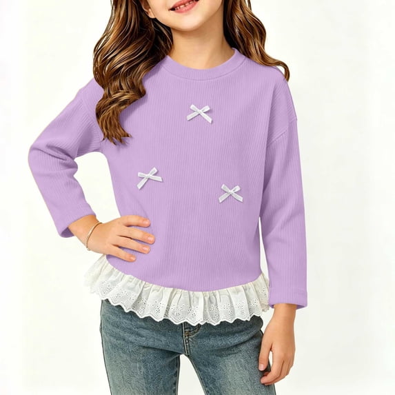Cethrio Girls Long Sleeve Tops, Casual Knitted Pullover Crew Neck Kids Fall Undershirts Purple Size 9-10 T