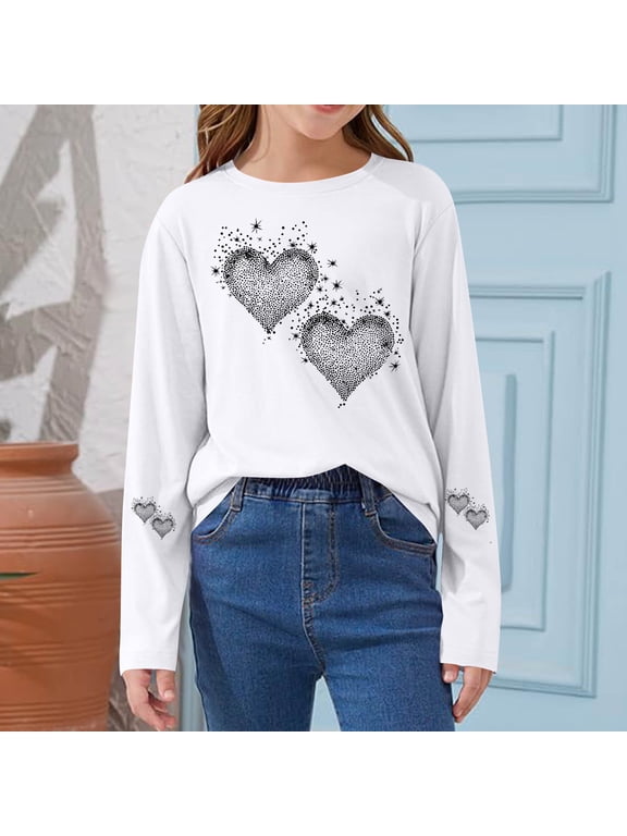 Girls Long Sleeve Tops, Crew Neck Printed Casual Pullover Blouses for Girl White Size 10-12