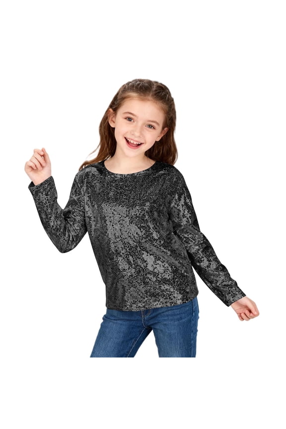Girls Long Sleeve Tops, Crew Neck Pullover Dancing Party Sequin Clothes Black Size 7-8