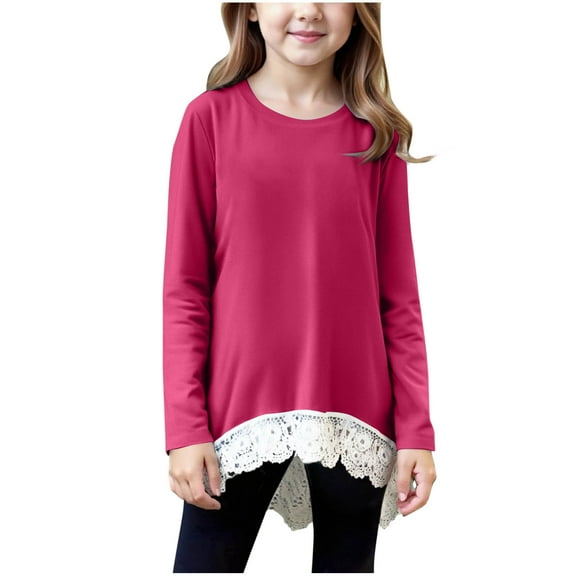 Cethrio Girls Long Sleeve Tops, Crewneck Cotton Loose Fit Casual Spring Fall Blouse with Lace Hot Pink Size 10-12