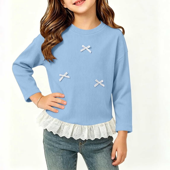 Cethrio Girls Long Sleeve Tops, Knitted Casual Pullover Crew Neck Kids Fall Undershirts Light Blue Size 5-6 T