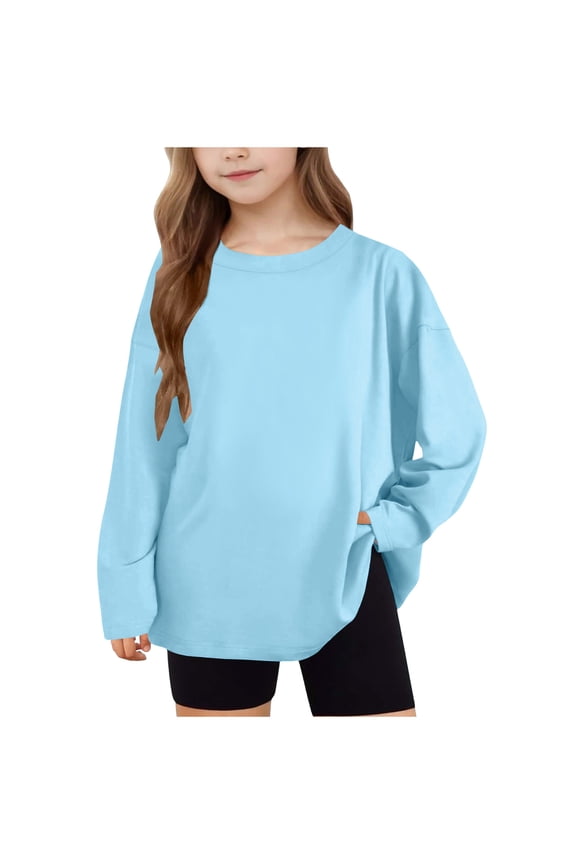 Girls Long Sleeve Tops, Loose Fit Casual Pullover Crewneck Spring Blouses Light Blue Size 14-16