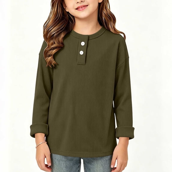 Cethrio Girls Long Sleeve Tops, Pullover Casual Basic Crew Neck Kids Fall Undershirts Army Green Size 3-4 T