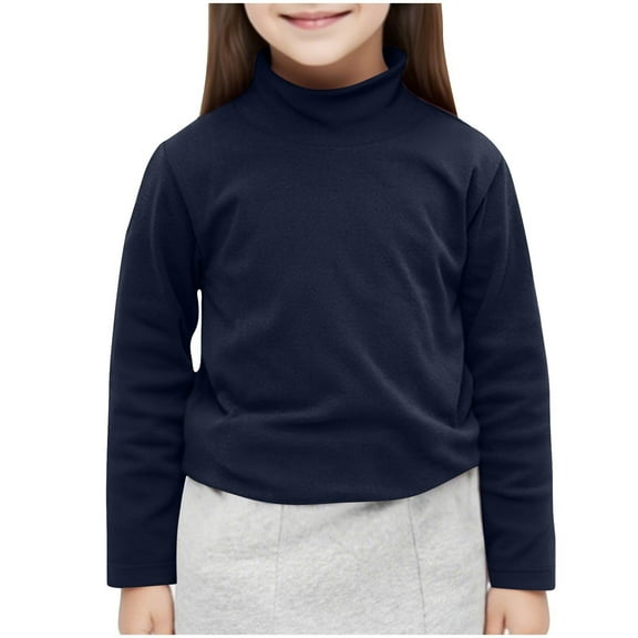 Cethrio Girls Long Sleeve Tops, Pullover Cotton Half-turtleneck Soft Thermal Undershirts Navy Size 7-8