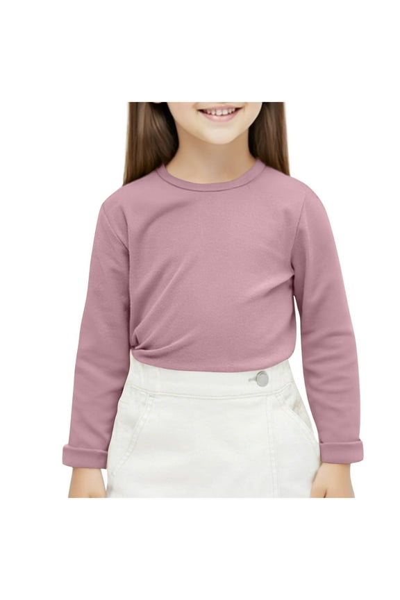 Girls Long Sleeve Tops, Pullover Crewneck Soft Cotton Thermal Undershirts Pink Size 10-12