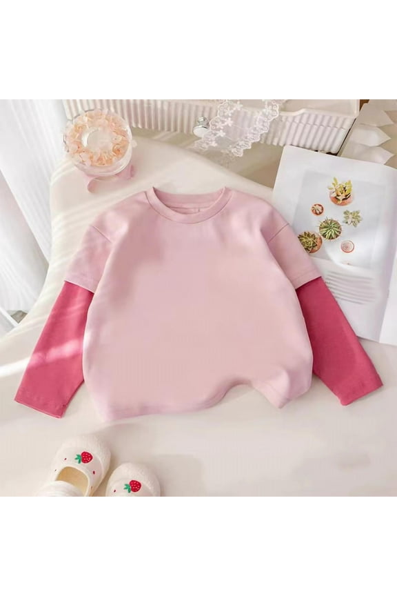 Girls' Long Sleeve Tops, Pullover Fall Casual Crewneck Girls Undershirts Pink Size 6