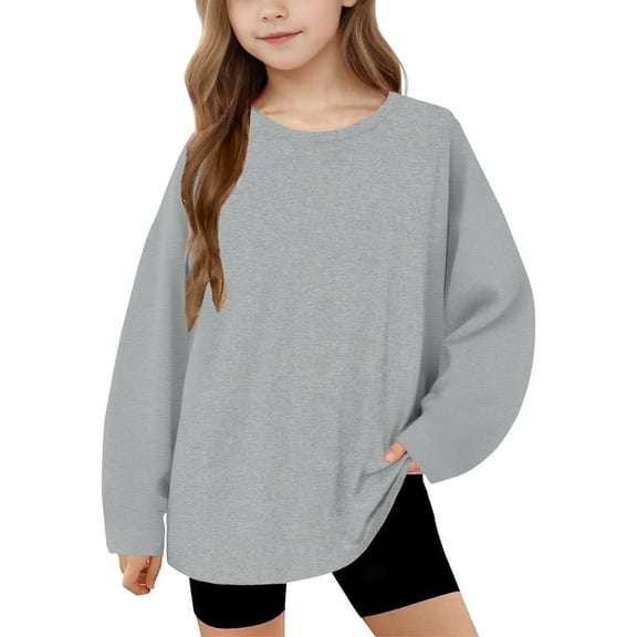 Cethrio Girls Long Sleeve Tops, Pullover Loose Fit Crewneck Casual Spring Blouses Gray Size 14-16