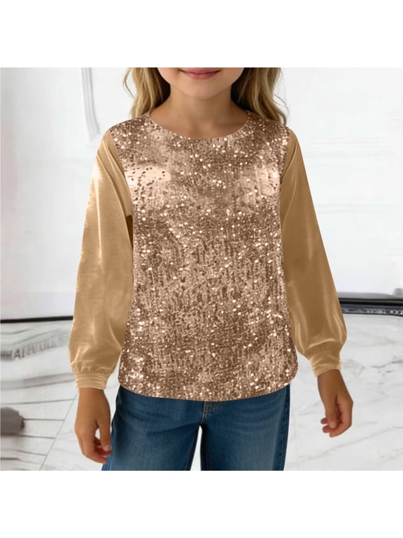 Girls Long Sleeve Tops, Sequin Pullover Crew Neck Casual Velvet Blouses Khaki Size 6