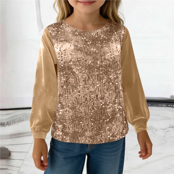 Cethrio Girls Long Sleeve Tops Size 10-12, Casual Sequin Crew Neck Pullover Velvet Blouses Khaki
