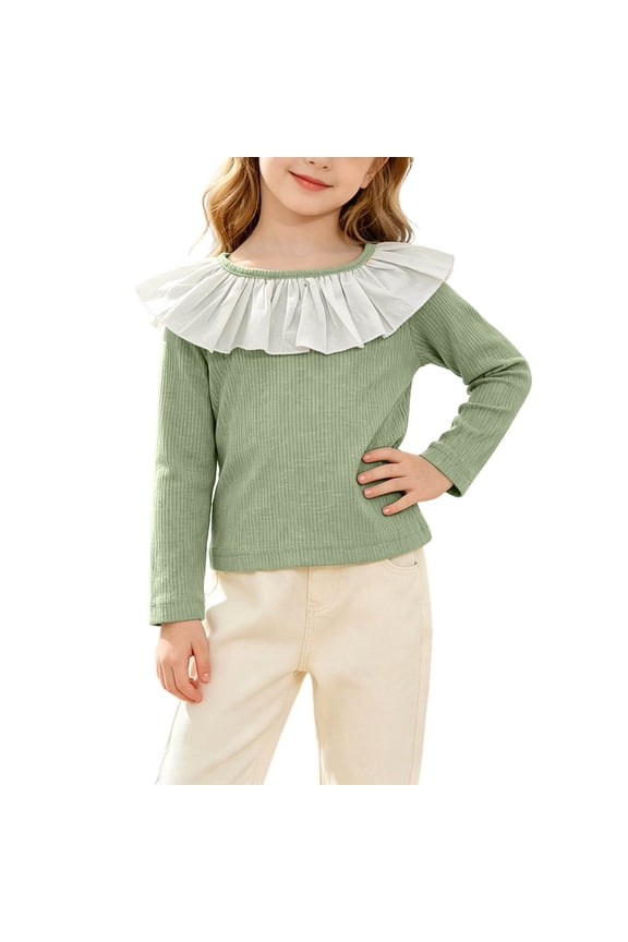 Girls Long Sleeve Tops Size 5 T, Fashion Knitted Pullover Crew Neck Girls Undershirts Green