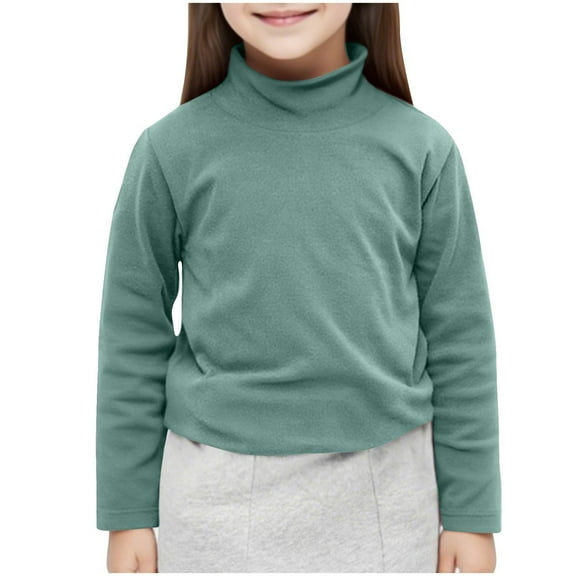 Cethrio Girls Long Sleeve Tops, Soft Half-turtleneck Pullover Cotton Thermal Undershirts Green Size 8