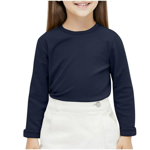 Cethrio Girls Long Sleeve Tops, Soft Pullover Cotton Crewneck Thermal Undershirts Navy Size 14