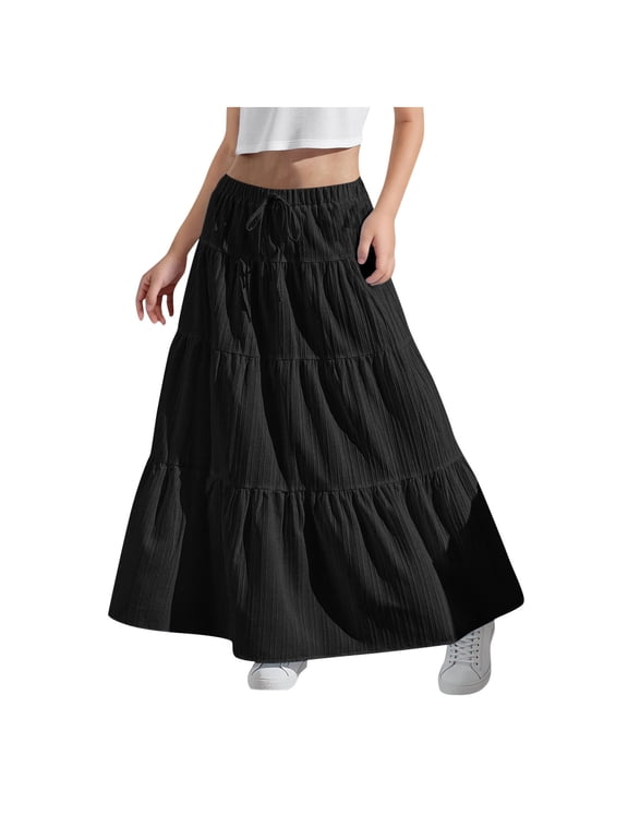 Girls Maxi Skirts, A-line High Waist Tiered Dancing Summer Skirts Black Size 14-16