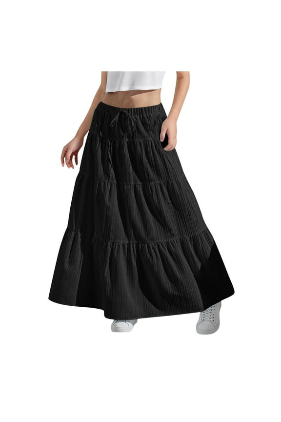 Girls Maxi Skirts, A-line High Waist Tiered Dancing Summer Skirts Black Size 14-16