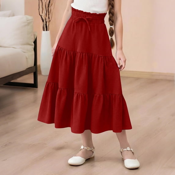 Cethrio Girls Midi Skirts, Below the Knee Elastic Waist Casual Summer Dancing Skirts Red Size 8