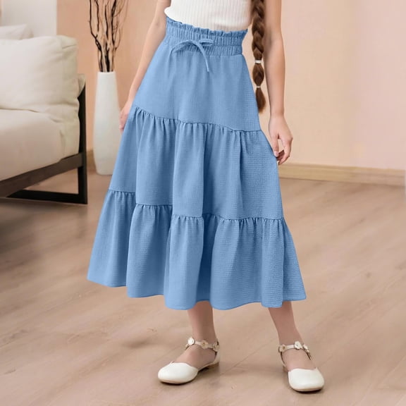 Cethrio Girls Midi Skirts, Casual Below the Knee Elastic Waist Summer Dancing Skirts Blue Size 8