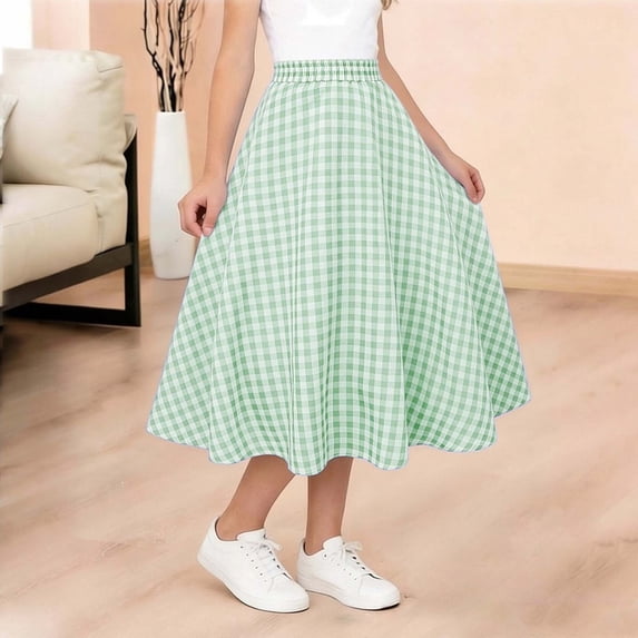 Cethrio Girls Midi Skirts, Casual Elastic Waist Summer A-Line Plaid Shirts with Pockets Green Size 14-15 T