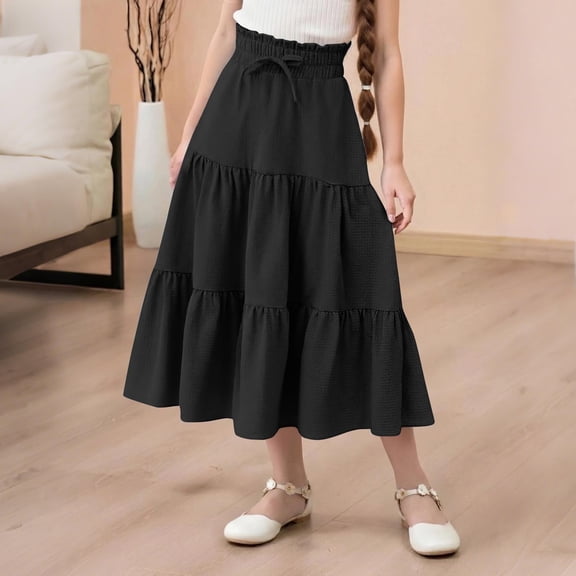 Cethrio Girls Midi Skirts, Casual Summer Elastic Waist Below the Knee Dancing Skirts Black Size 8