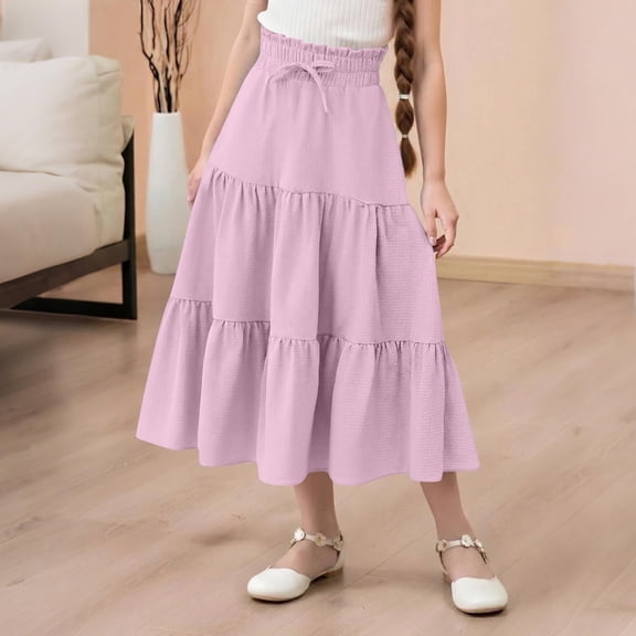 Cethrio Girls Midi Skirts, Elastic Waist Below the Knee Summer Casual Dancing Skirts Pink Size 10-12