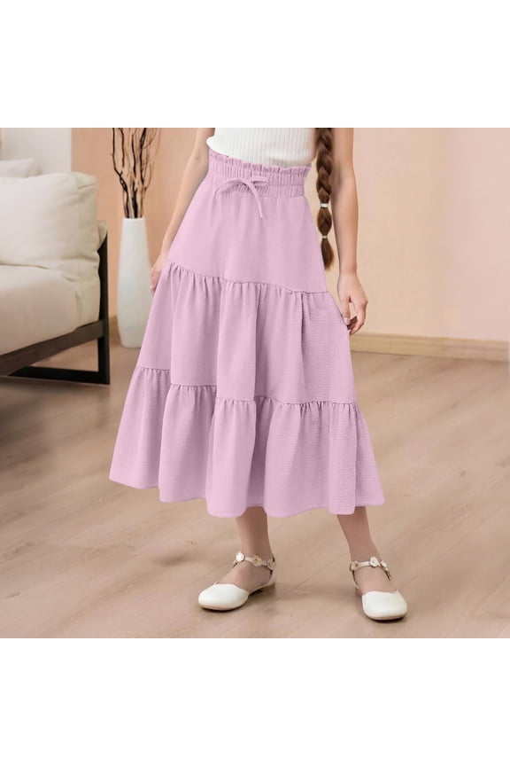 Girls Midi Skirts, Elastic Waist Below the Knee Summer Casual Dancing Skirts Pink Size 10-12