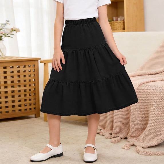 Cethrio Girls Midi Skirts, Ruffled A-Line Summer High-waisted Faux Denim Skirts Black Size 6-7 T