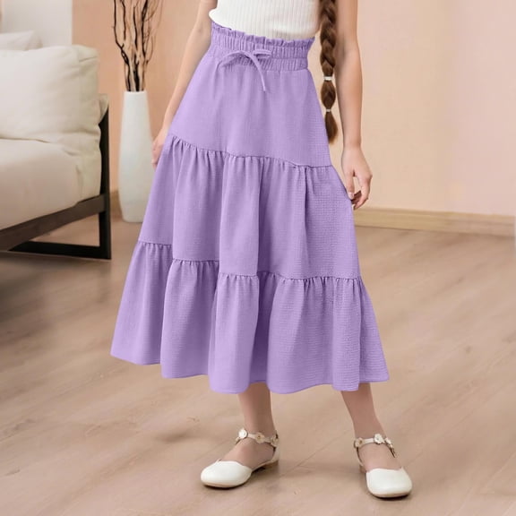 Cethrio Girls Midi Skirts, Summer Elastic Waist Below the Knee Casual Dancing Skirts Purple Size 5 T