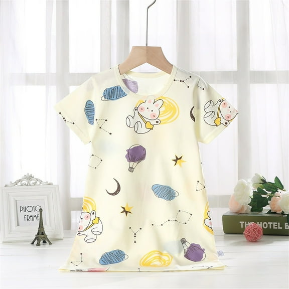 Cethrio Girls Nightgowns, Crew Neck Casual Short Sleeve Cotton Summer Sleepshirts Beige Size 13-14 T