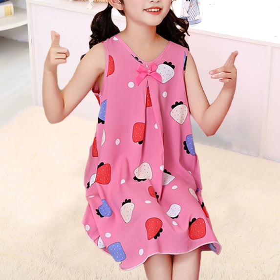 Cethrio Girls Nightgowns, Fruit Print Polyester Sleeveless Crewneck Sleepshirts Watermelon Red Size 6T