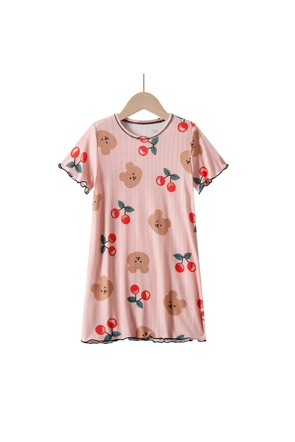Girls Nightgowns, Printed Short Sleeve Comfy Summer Sleepshirts Sleep Dresses Pink Size 14-16 T