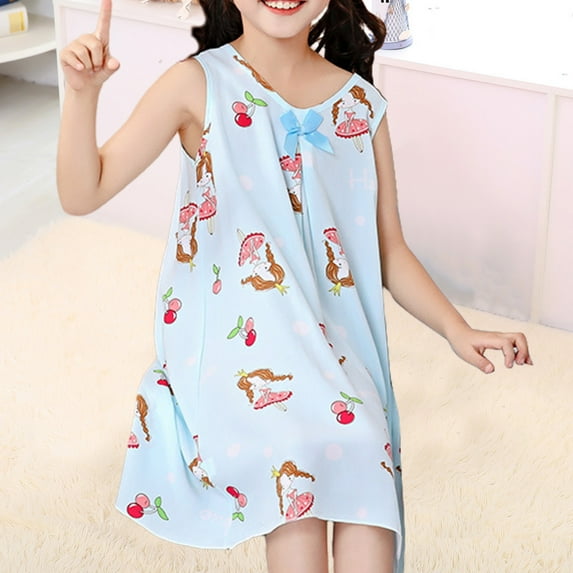 Cethrio Girls Nightgowns, Printed Sleeveless Polyester Crewneck Sleepshirts Sky Blue Size 6T